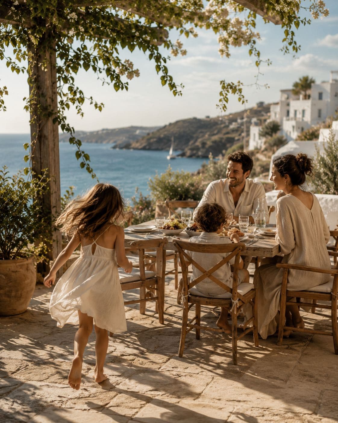 Grande table familiale, enfants qui courent près de la piscine, lumière du jour