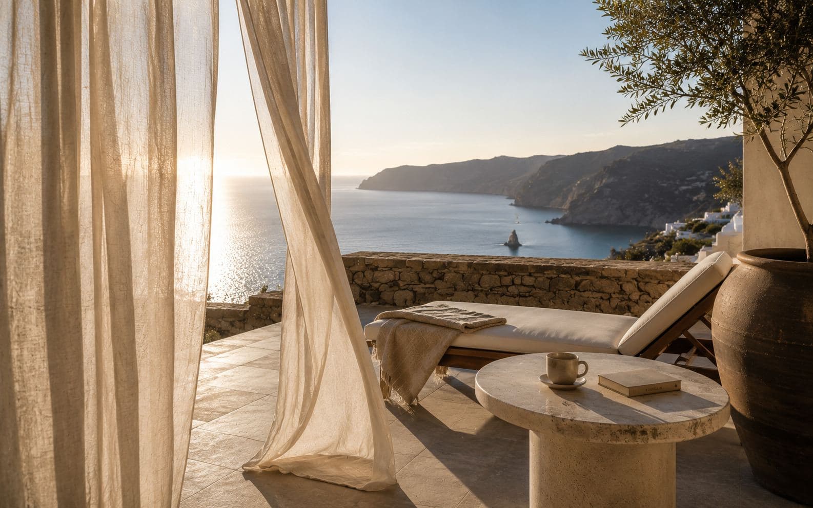 Terrasse, baignoire et petit-déjeuner d'une villa Intimate, sans personne dans le cadre